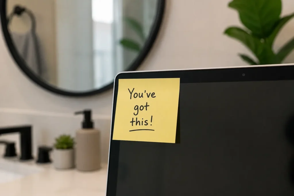 "Sticky note with an inspirational quote on a mirror, representing daily motivation reminders"