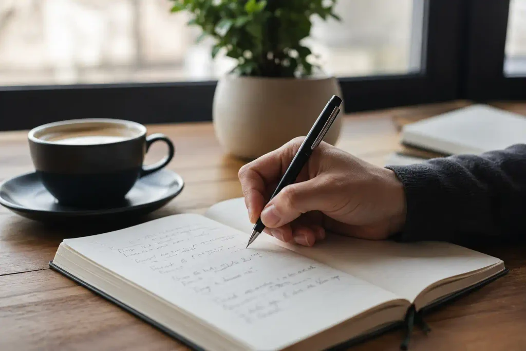 "Hand writing in a journal beside a cup of coffee, representing reflection and goal setting"