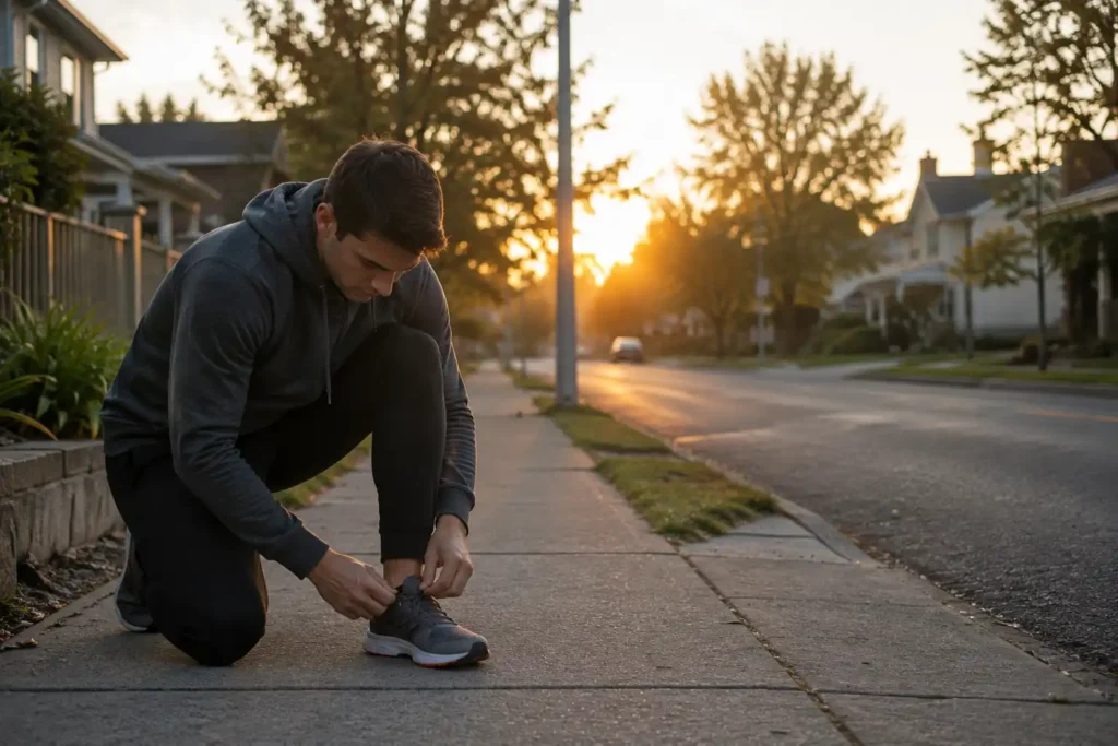 "Person tying running shoes in the morning, representing daily discipline and motivation