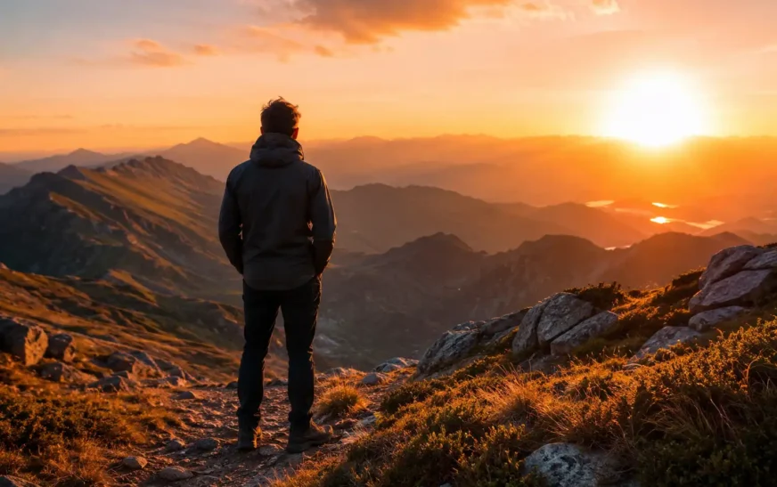 "Person standing on a mountain trail at sunrise, symbolizing motivation and success"