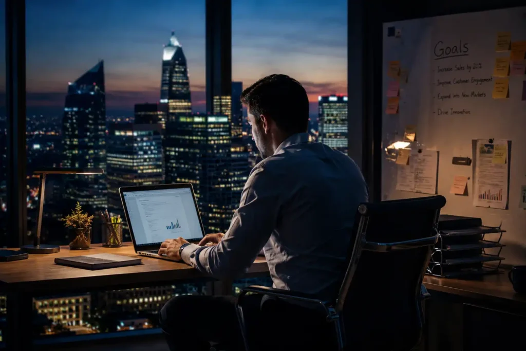 "Person working late on a laptop with city skyline view, representing business motivation quotes"