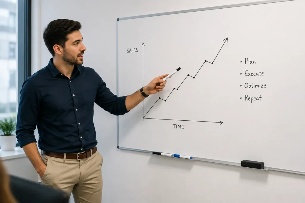 "Upward trending growth chart on a whiteboard, representing goal setting research and motivation science"