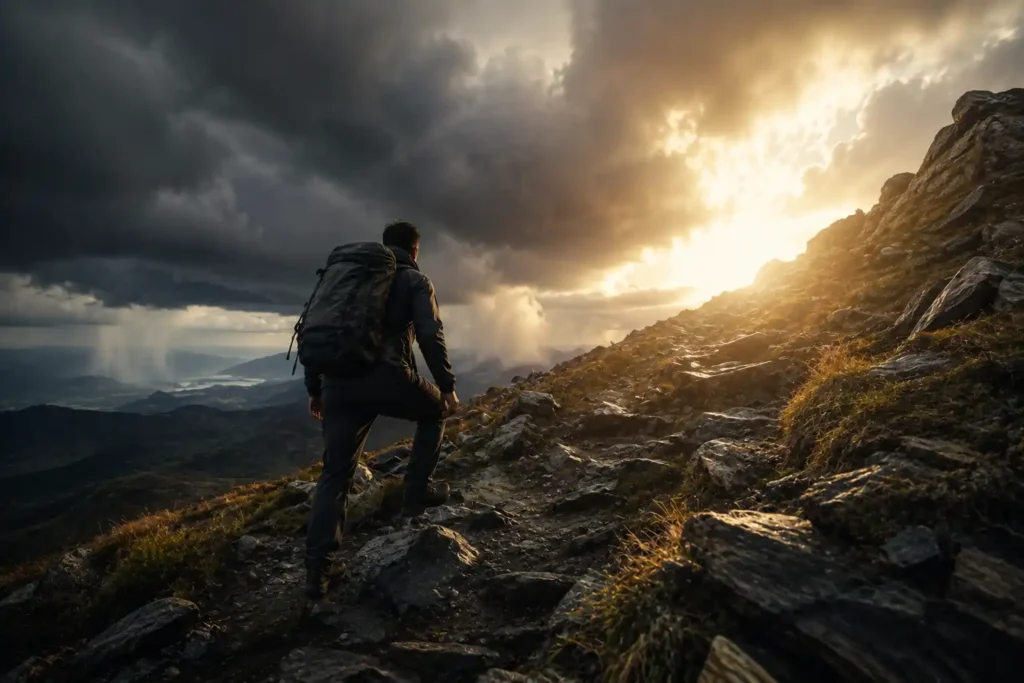 "Person climbing a rocky path toward sunlight, representing perseverance through hardship"