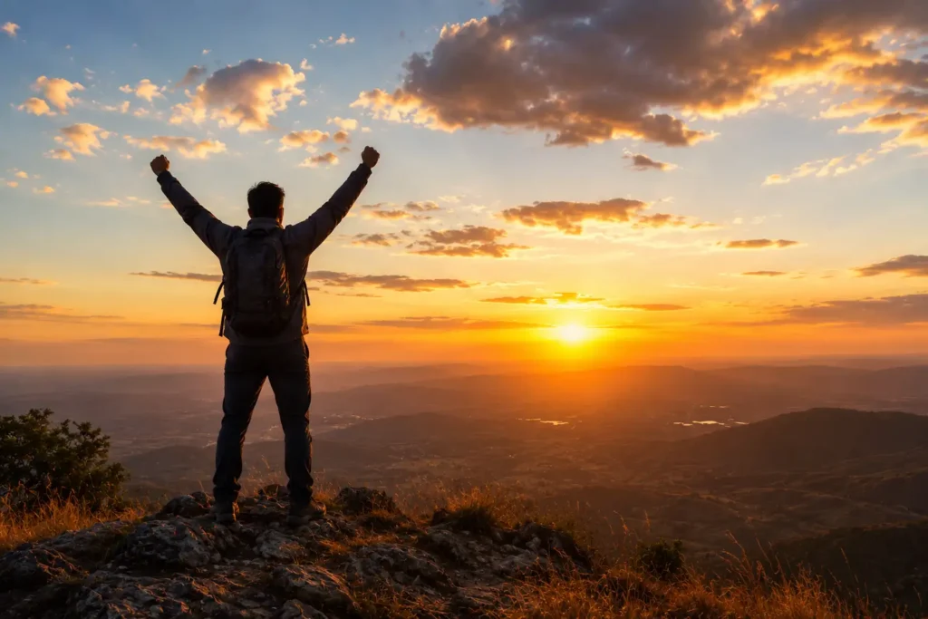 "Person celebrating at a hilltop during sunset, representing achieving success"
