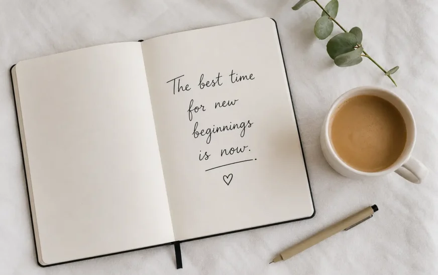 Cozy morning desk with notebook and coffee, symbolizing daily motivation quotes