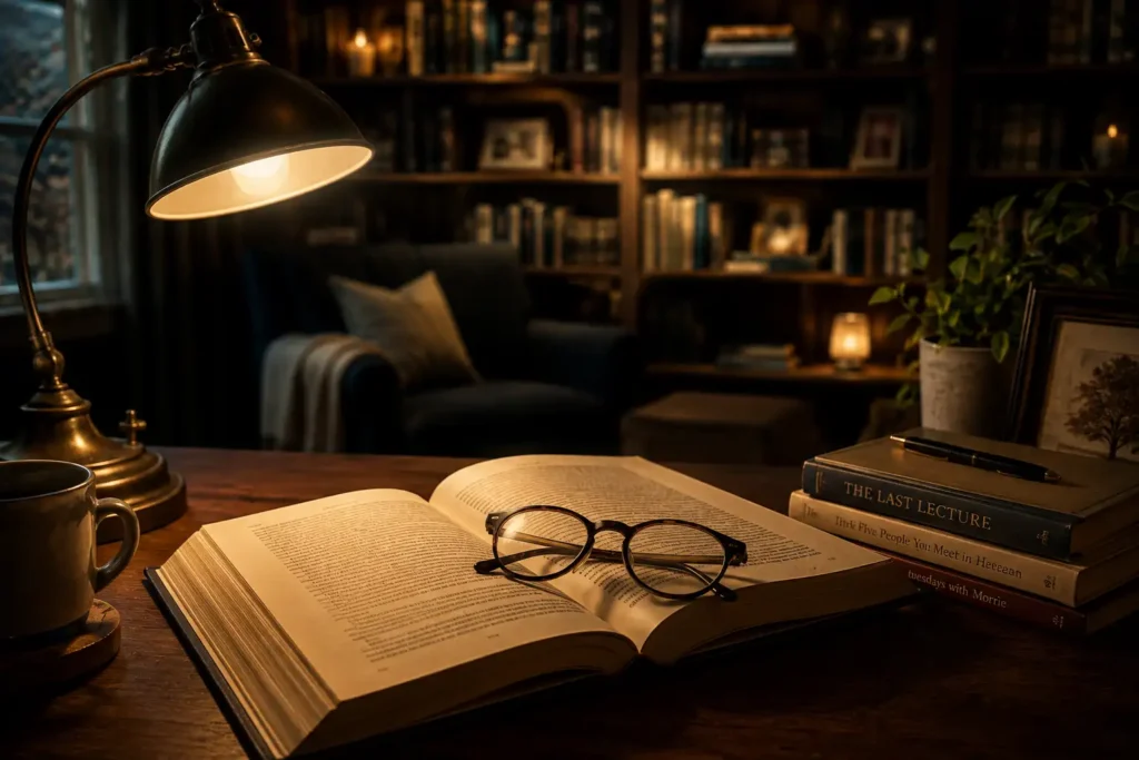 "Open book with reading glasses in a cozy study, representing motivational quotes from writers and thinkers"