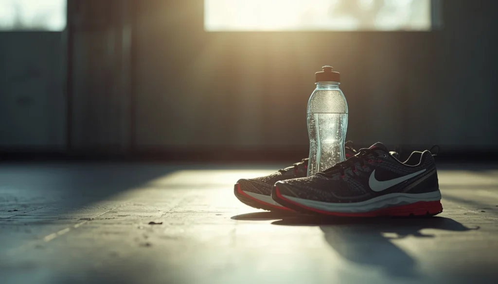 Running shoes and water bottle representing fitness motivation quotes