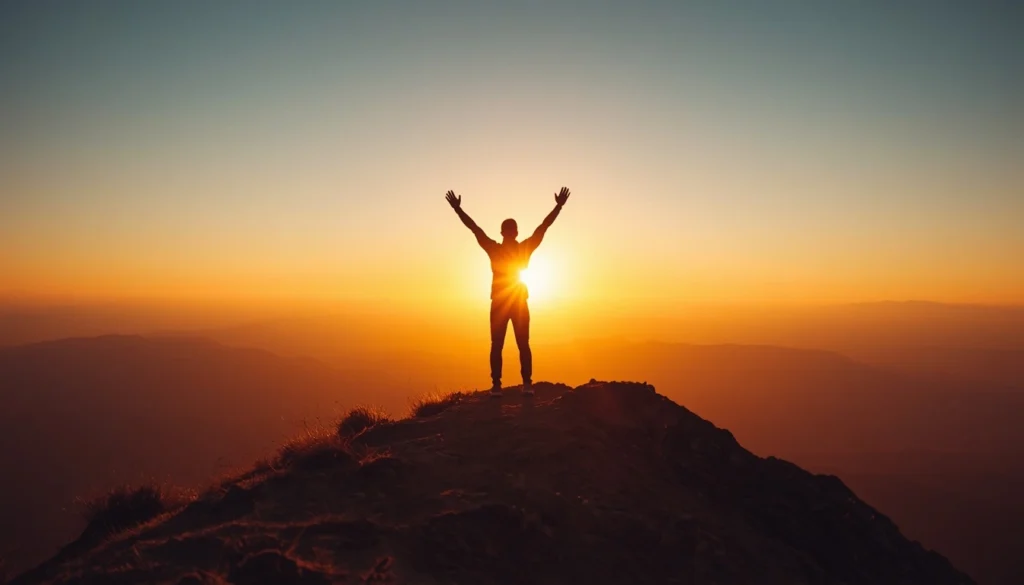 Person standing on a mountain summit at sunrise, symbolizing achievement quotes
