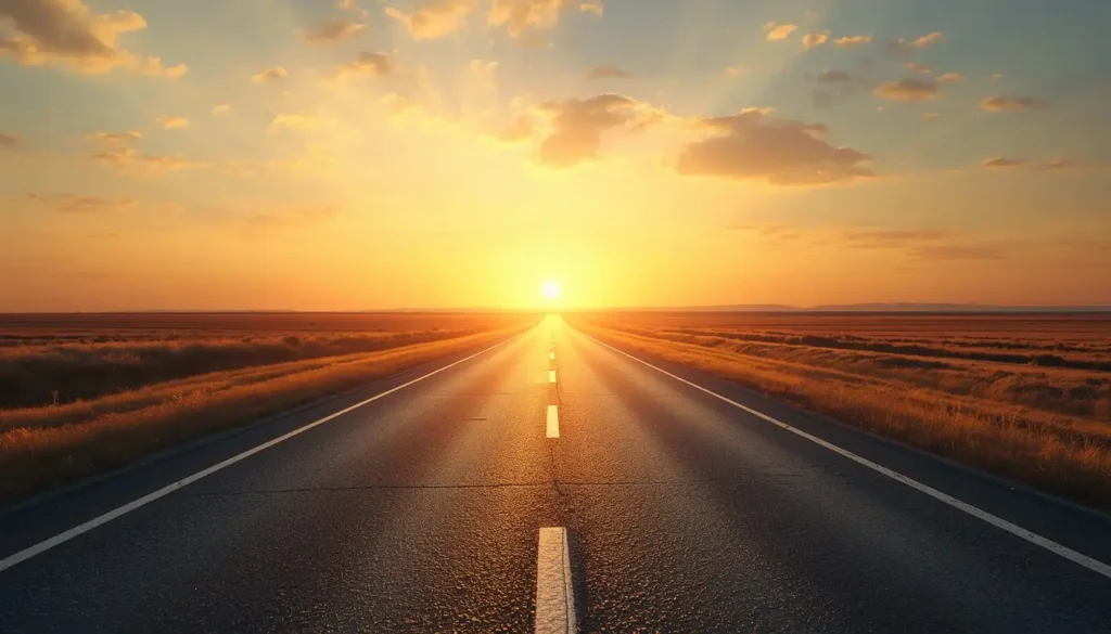 Open road toward sunrise, symbolizing forward momentum and daily motivation