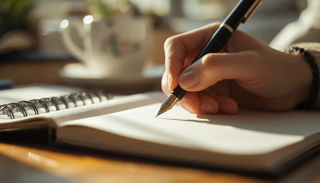 Hand writing a motivational quote in a journal with a fountain pen