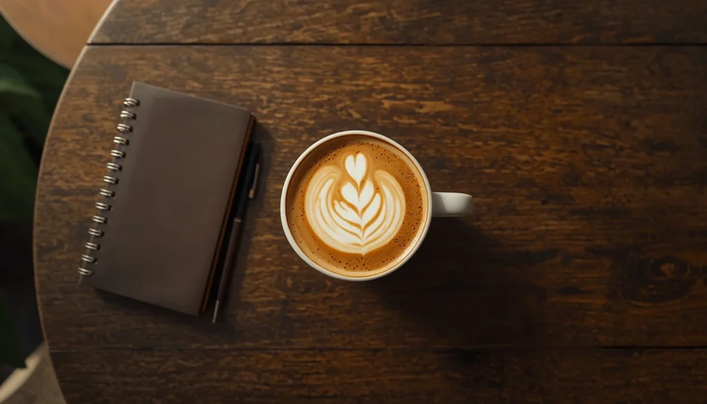 Flat lay of coffee cup and notebook, representing motivation quotes and coffee