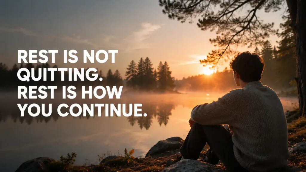 Person resting beside a peaceful lake with a motivational quote about rest and resilience.