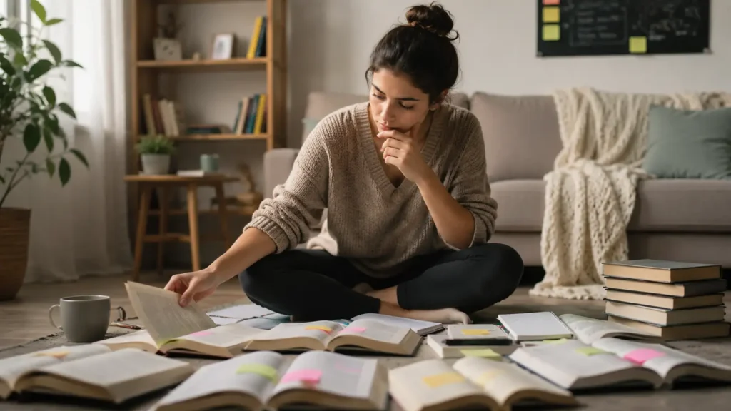 Person choosing the right motivational quote from notes and books