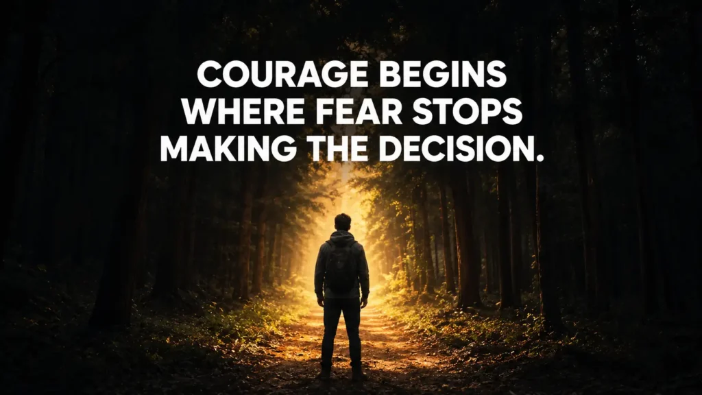 Person facing a bright forest path with a motivational quote about courage and fear.