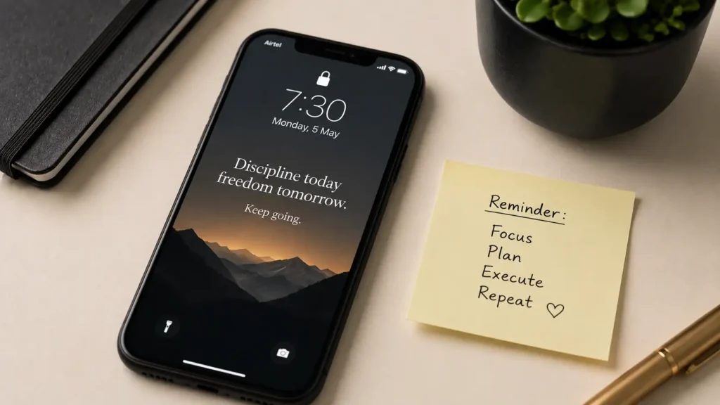 Phone lock screen with a daily motivation quote and sticky note