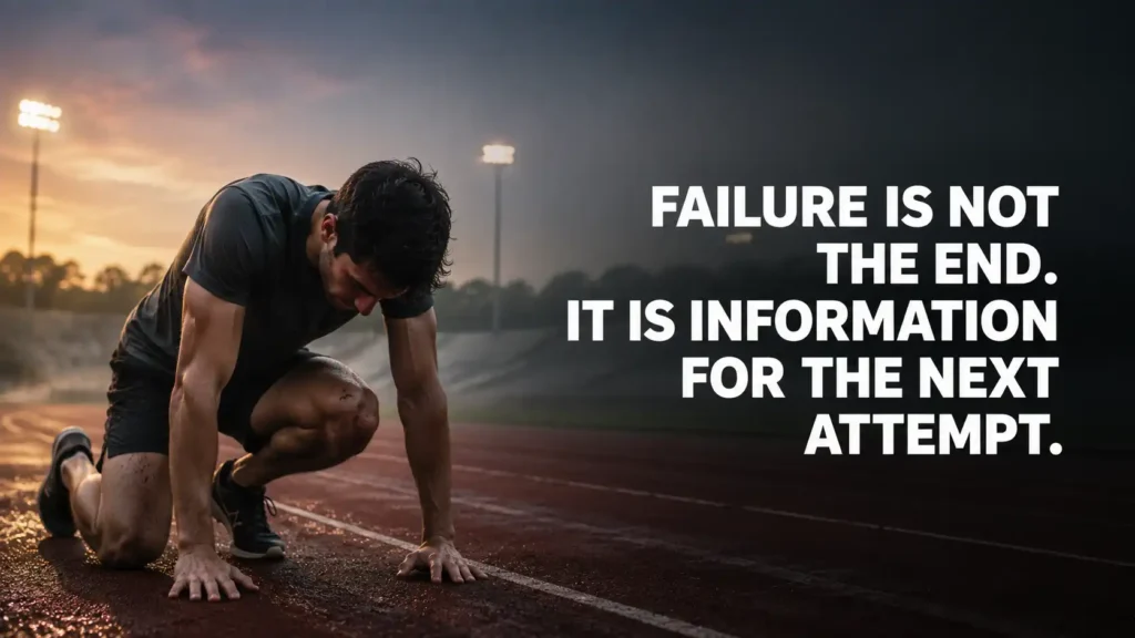 Determined runner rising on a track with a motivational quote about overcoming failure.