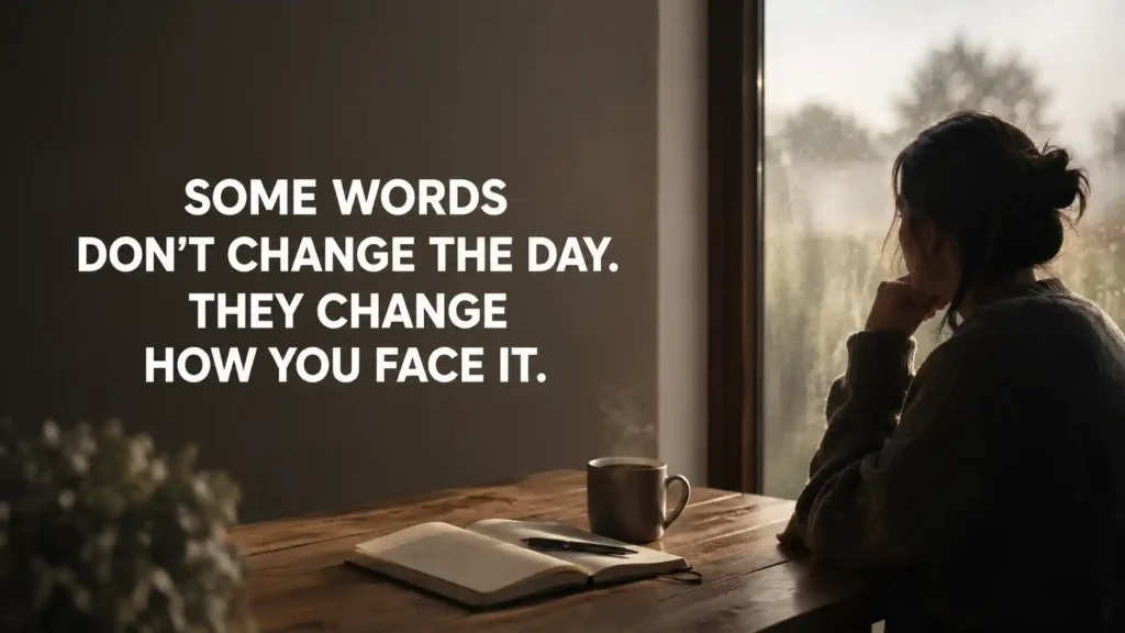 Thoughtful morning scene with a motivational quote about changing how you face difficult days.