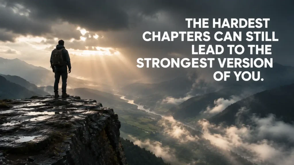 Hiker overlooking a dramatic valley with sunlight after rain and a resilience motivational quote.