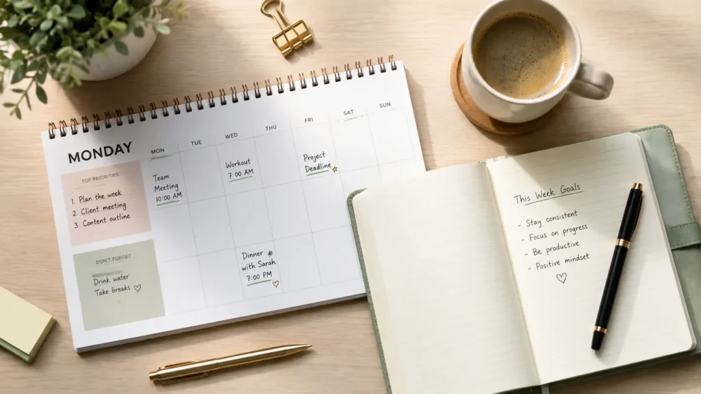 Monday planner and calendar for new week motivation quotes