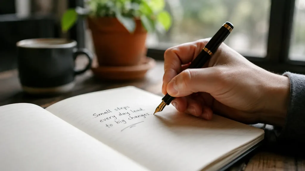 Hand writing a motivational quote in a notebook