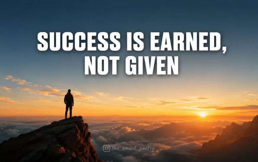 Success is earned not given motivational quote banner with mountain sunrise background