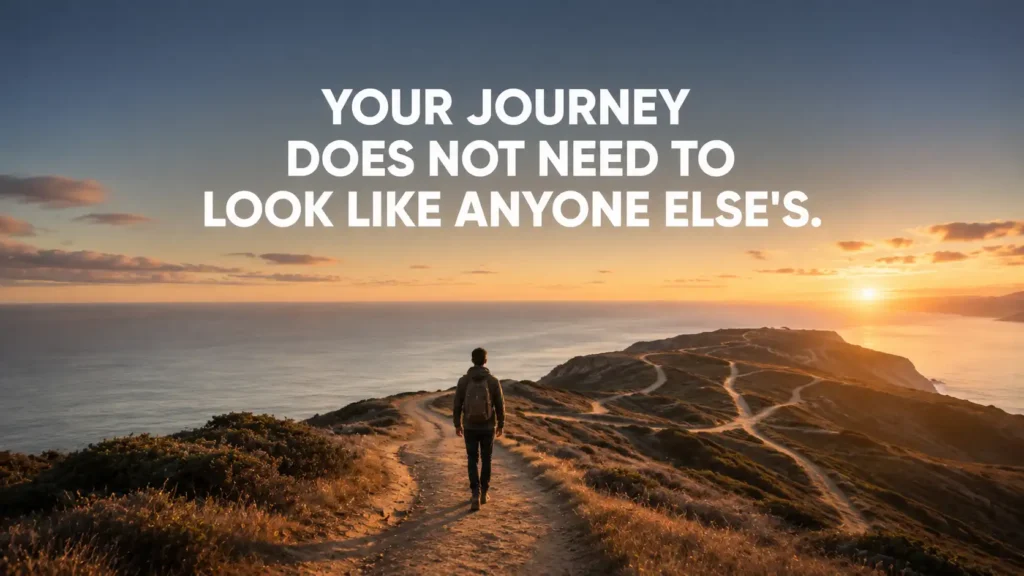 Person walking a unique coastal path with a motivational quote about individuality and self-worth