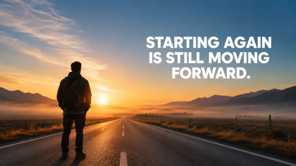 Open road at sunrise representing a fresh start with a motivational quote about beginning again.