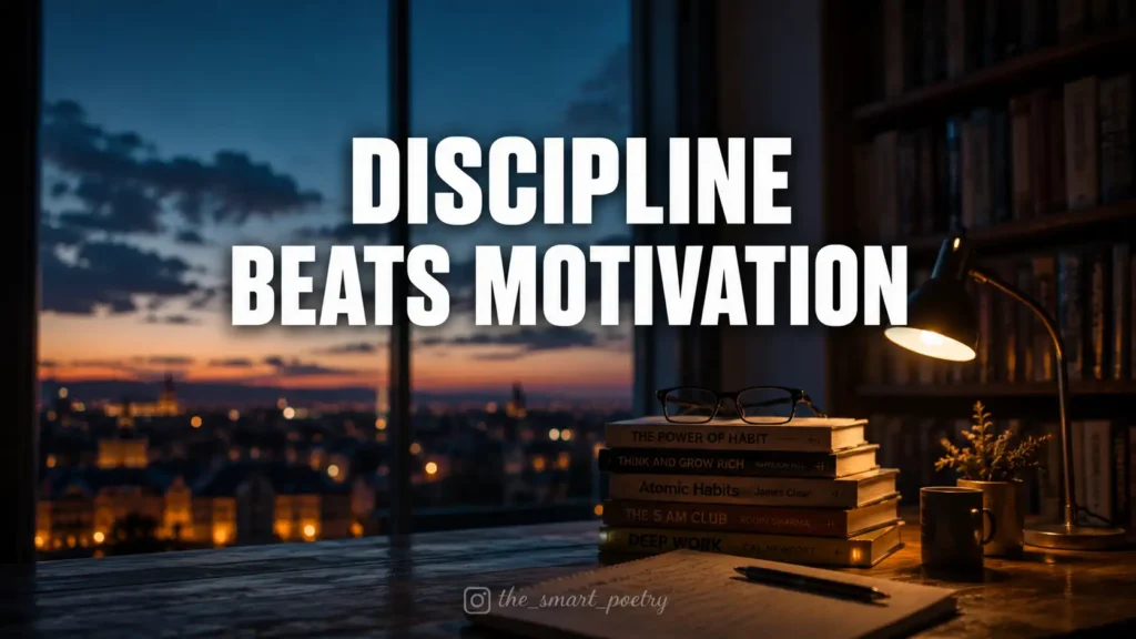 Discipline beats motivation student quote banner with library window and books background