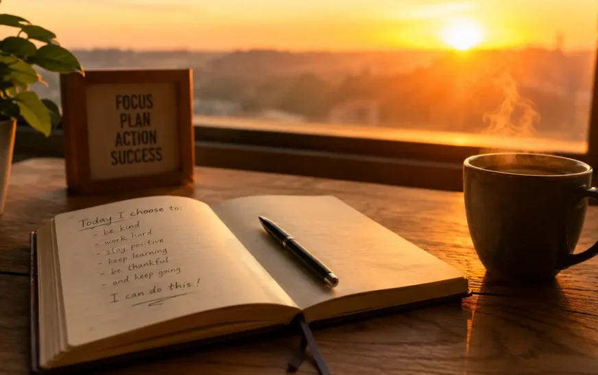 Motivation quotes of the day journal and coffee on a desk at sunrise