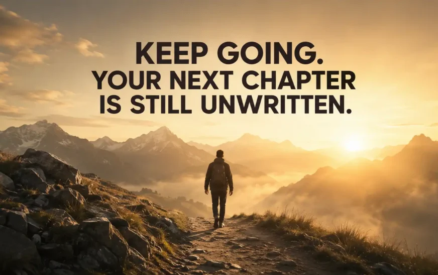 Powerful motivational quote over a peaceful mountain sunrise inspiring daily motivation.