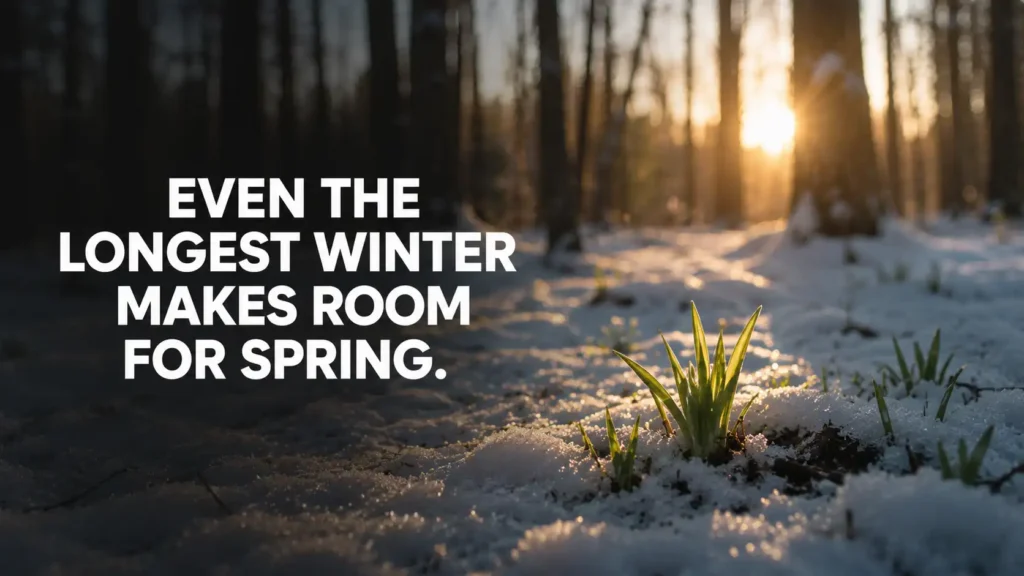 Winter forest with new growth and a motivational quote about healing and renewal.