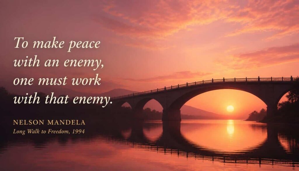Mandela quote: to make peace with an enemy, one must work with that enemy, with a bridge at sunrise over calm water