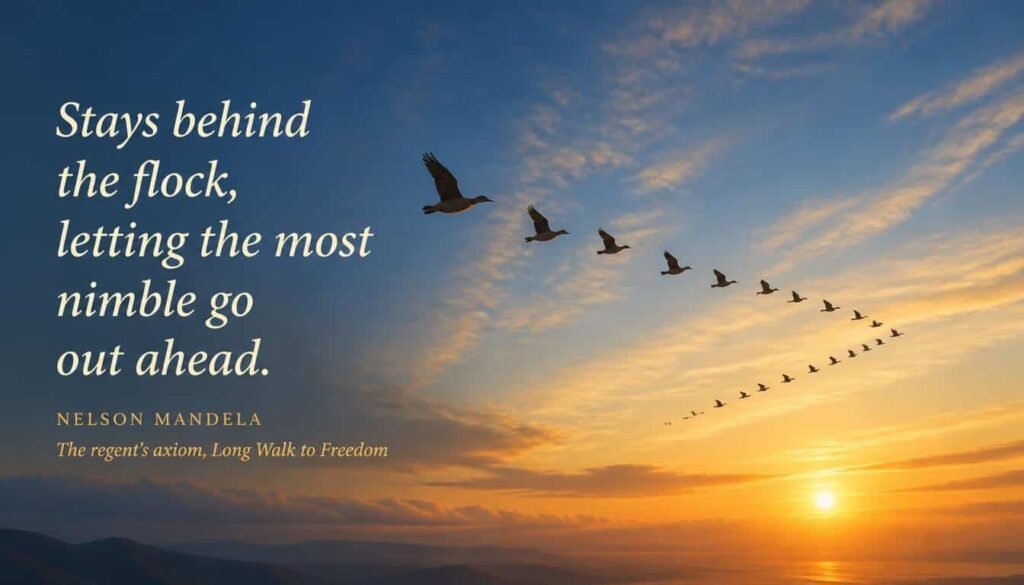 Quote about leading from behind, a leader stays behind the flock letting the most nimble go out ahead, with birds flying at dawn