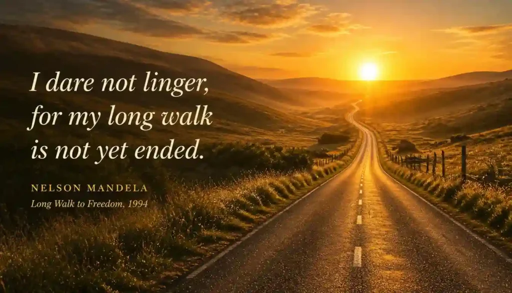 Nelson Mandela quote I dare not linger, for my long walk is not yet ended, beside a road leading to a sunrise