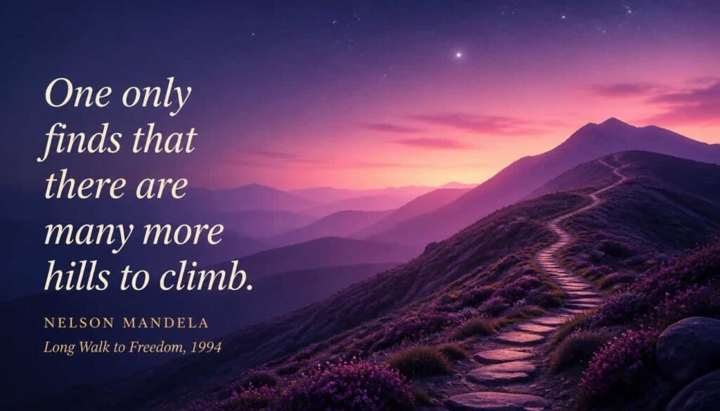 Nelson Mandela quote about perseverance, many more hills to climb, with a winding path up twilight hills