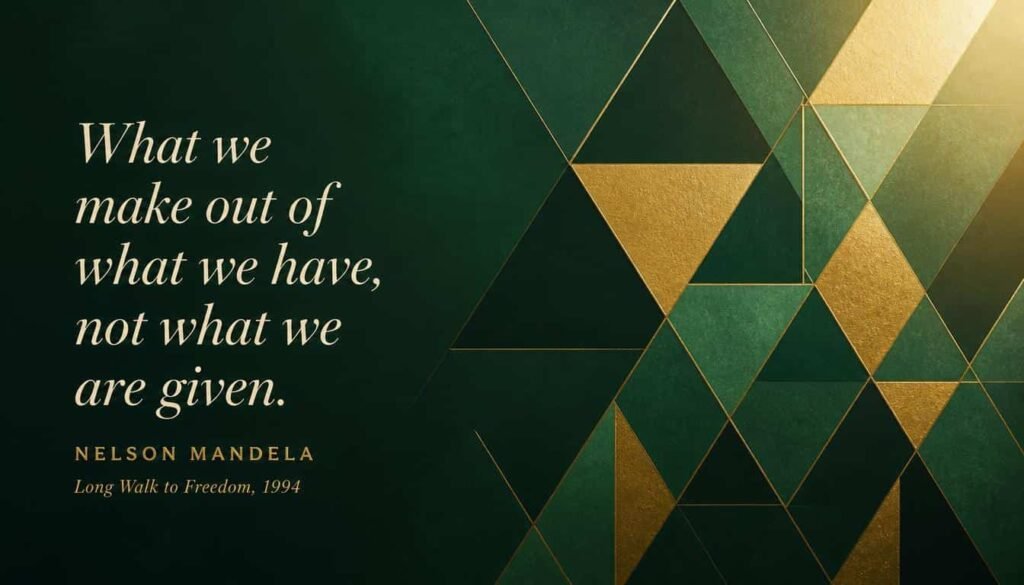 Mandela success quote about what we make out of what we have, on a green and gold geometric pattern