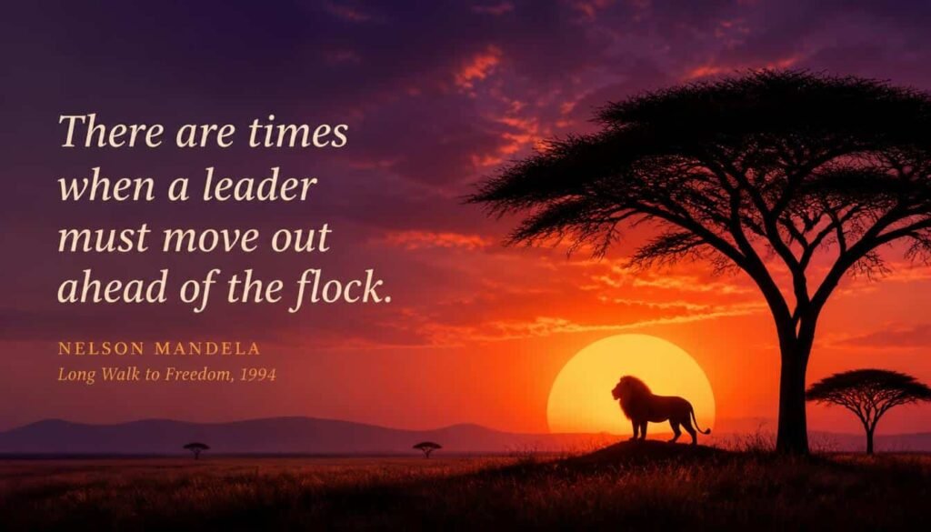 Mandela leadership quote: there are times when a leader must move out ahead of the flock, over an acacia tree sunset