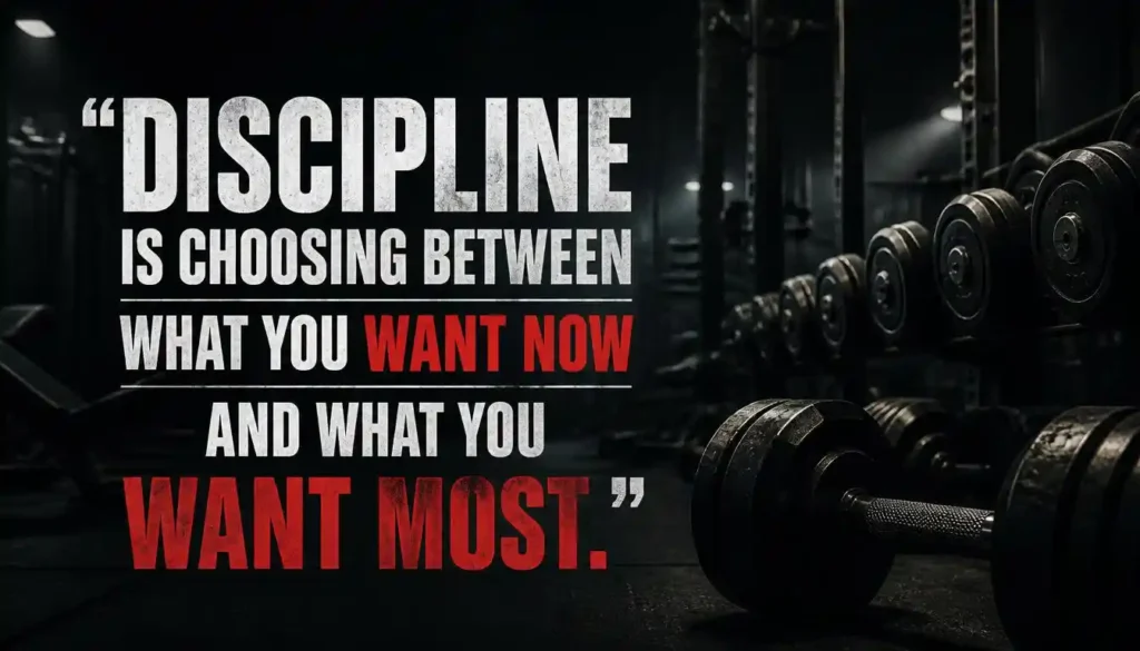 Discipline motivation quote with dumbbells and gym equipment in a dark cinematic setting