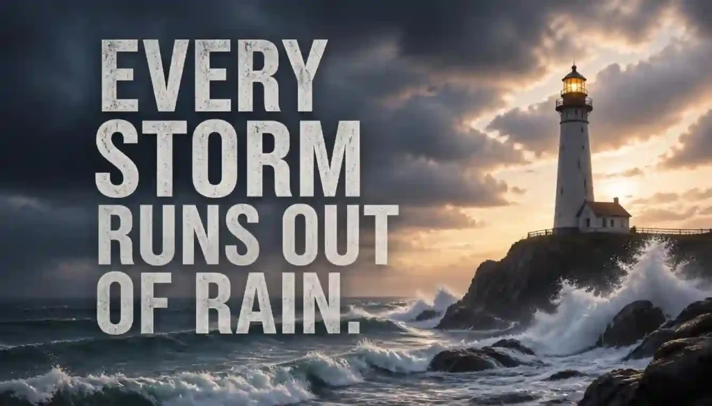 Every storm runs out of rain quote with a lighthouse and waves after a storm
