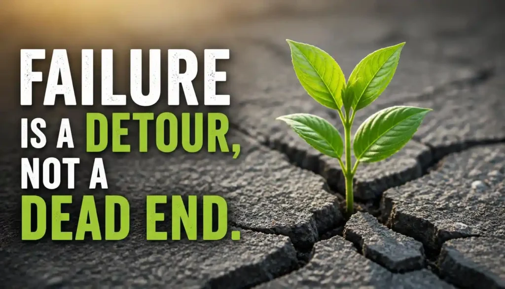 Failure is a detour not a dead end quote with a green plant growing through cracked ground