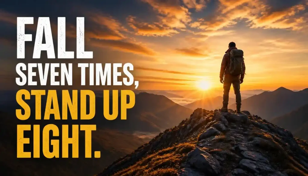 Fall seven times stand up eight motivation quote with a hiker on a mountain ridge