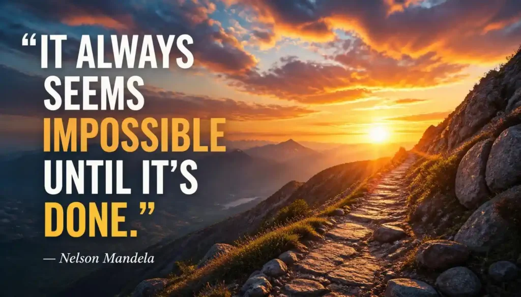 It always seems impossible until it is done motivation quote over a mountain trail at sunrise