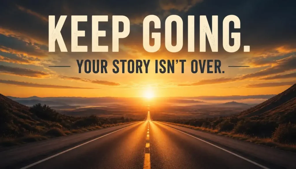 Keep going your story is not over quote above a long road leading toward a sunrise
