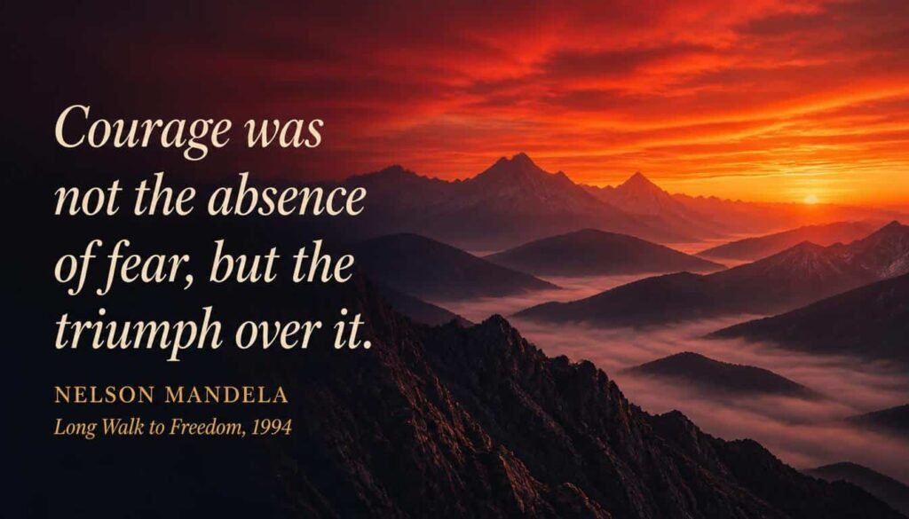 Mandela quote on courage: courage was not the absence of fear, but the triumph over it, over crimson mountains at dawn