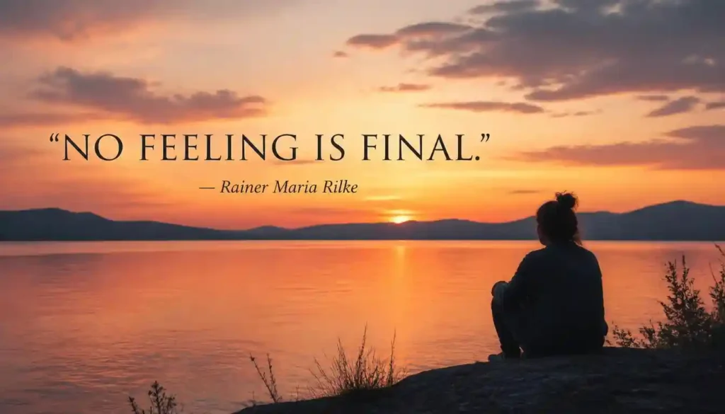 No feeling is final quote with a person sitting beside a calm lake at sunset