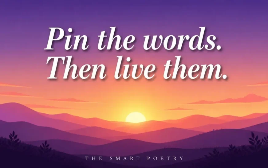 Motivation quotes Pinterest card reading Pin the words. Then live them. over a purple sunrise hills background