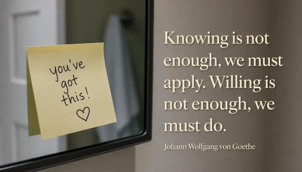 Sticky note on a mirror, knowing is not enough quote
