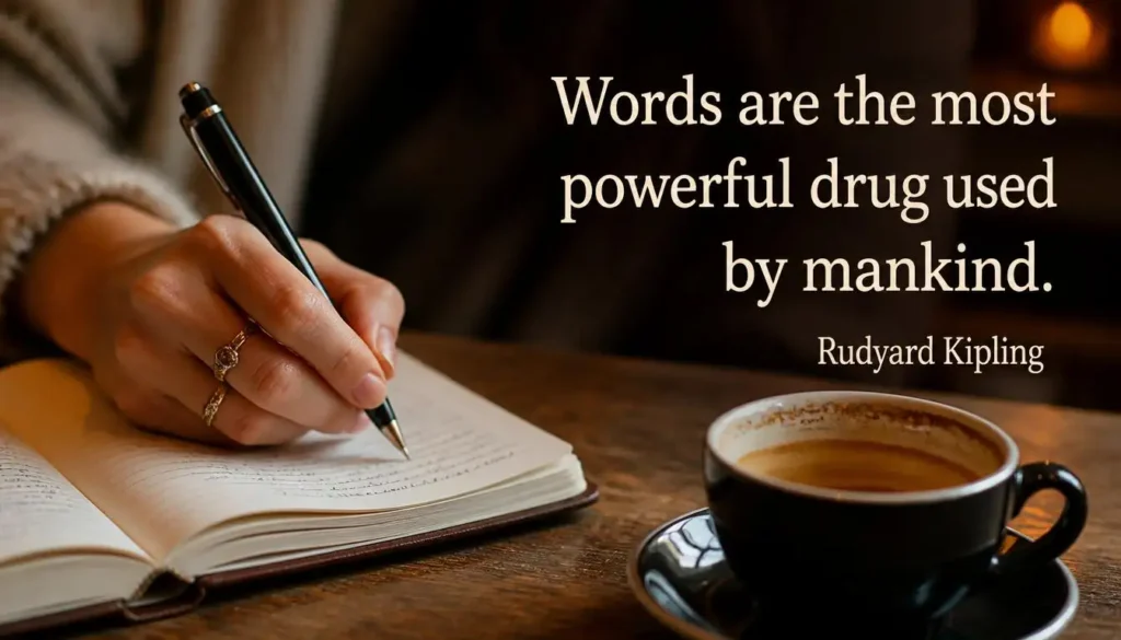 Woman journaling a motivational quote, words are powerful quote for women