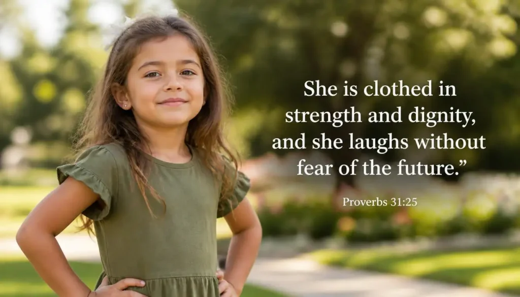 Confident girl in a sunlit park, strength and dignity quote for girls