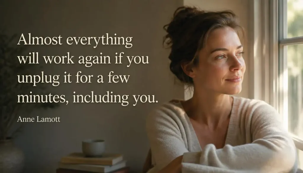 Woman pausing calmly near window light, unplug for a few minutes quote for women